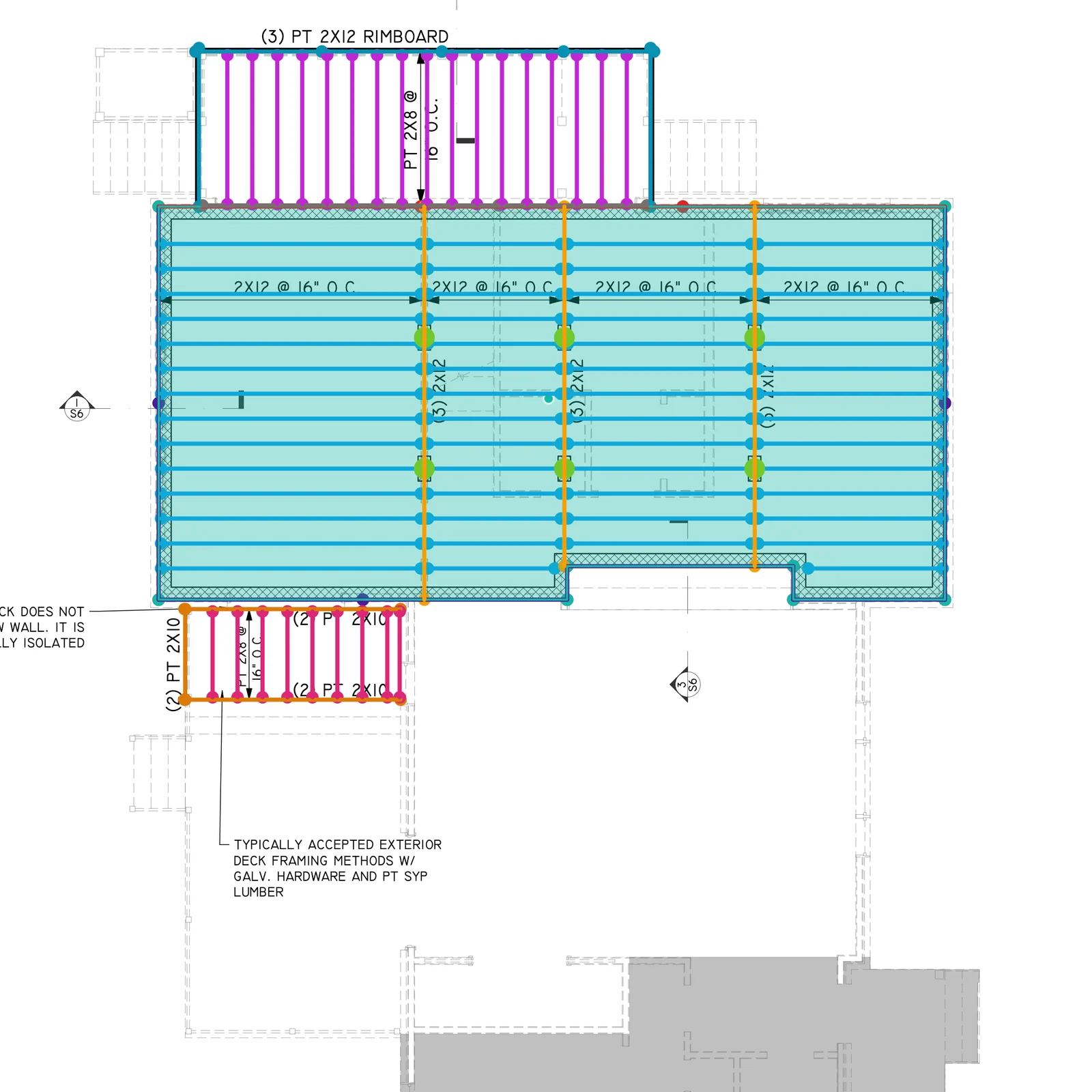 First-floor framing plan of a two-storey addition traced in Aximos, with the existing house shaded grey